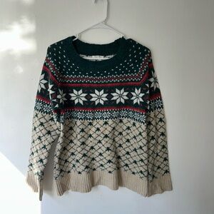 Women's Festive Knit Sweater - Green, Red, and Cream